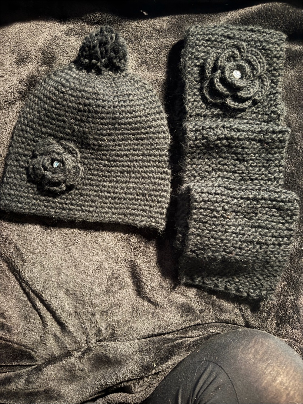 Cozy Black Knit Pom Beanie and scarf with Floral & Gem Accent
